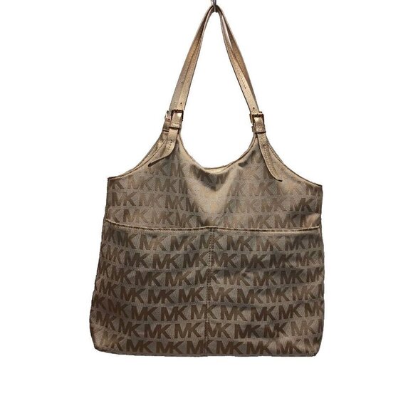 Michael Kors Gold Leather Beige Signature Jacquard Canvas Tote Shoulder Bag - Picture 16 of 16